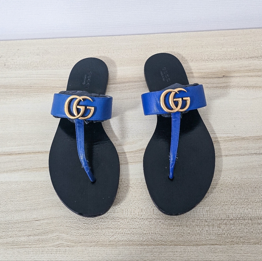 Gucci GG Marmont Calfskin Leather Thong Sandals In Electric Blue Size 37 - Picture 1 of 14